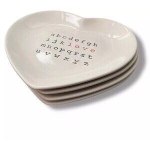 Pottery Barn Love Crossword White Heart 8.5" Plate Valentine’s Day SET OF 4